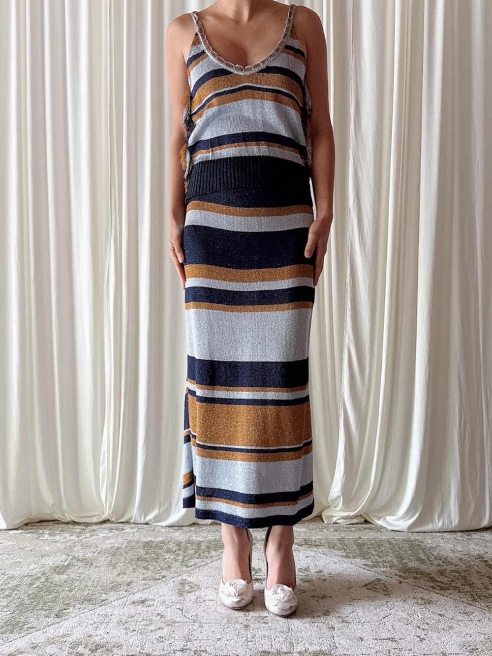 Striped Knit Maxi Skirt in Navy, Camel & Light Gray